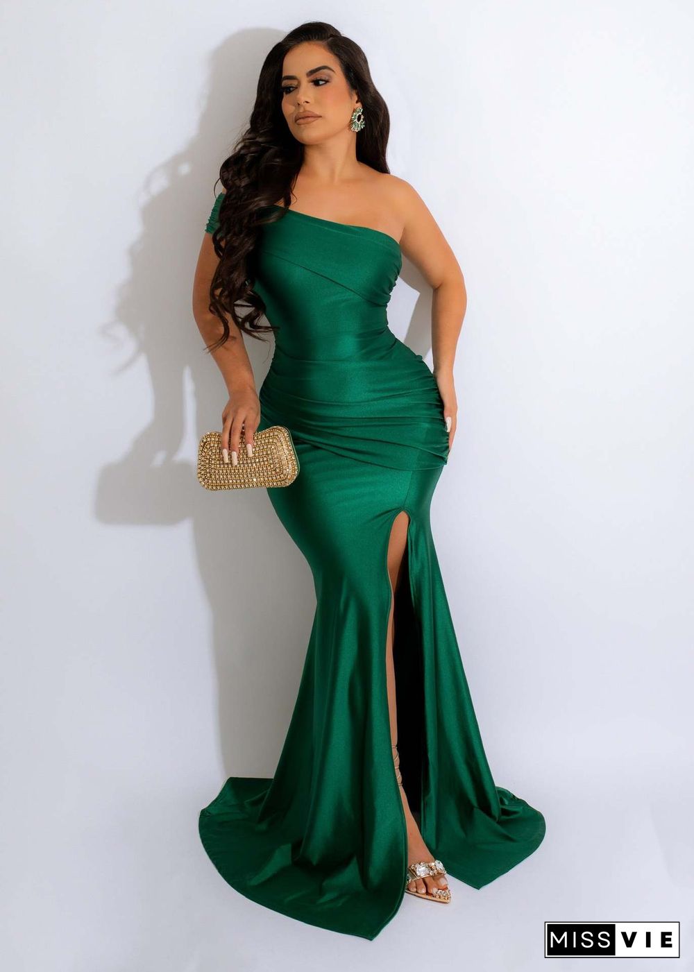 Sexy One Shoulder Slash Neck High Slit Birthday Dress