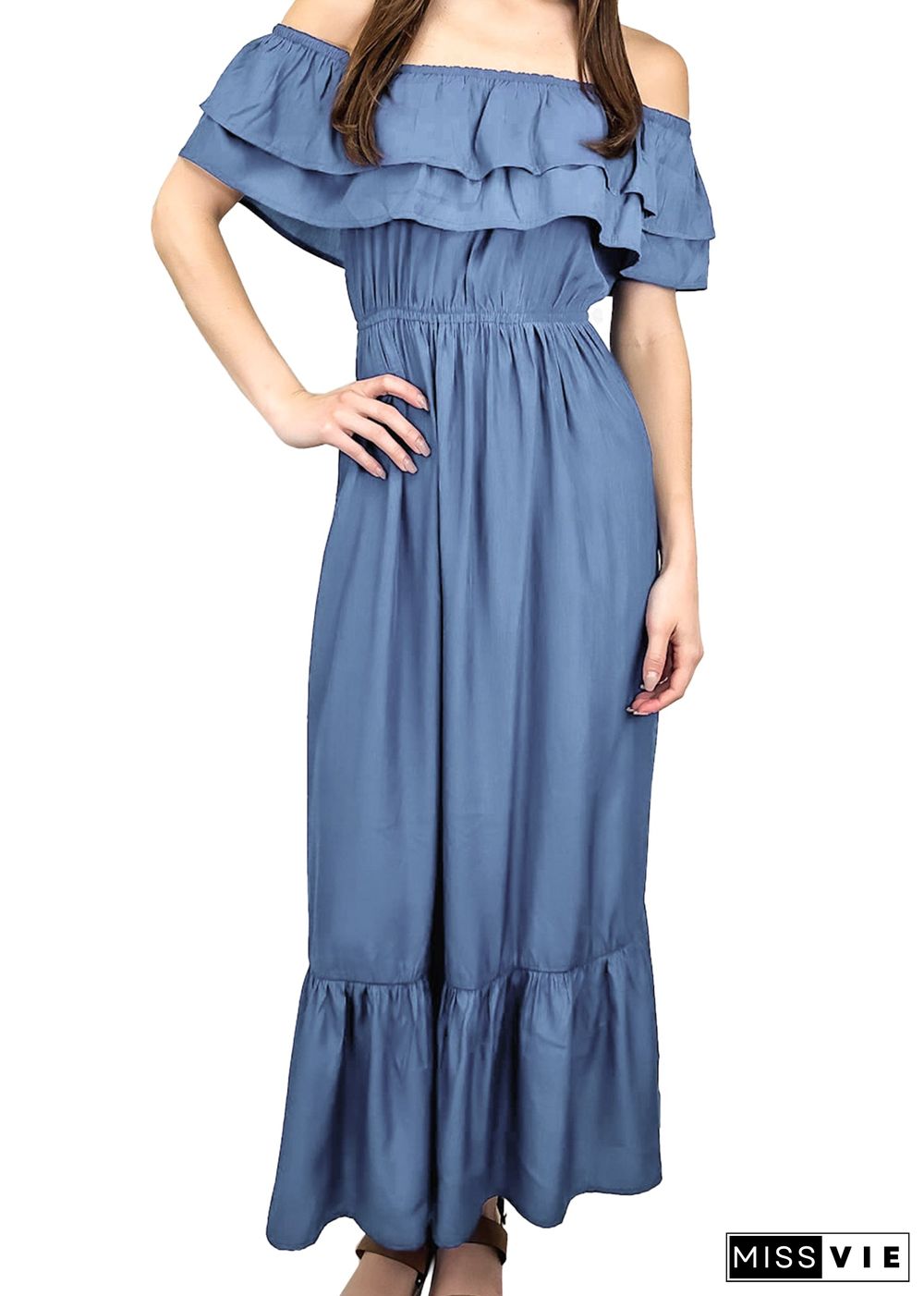 Grecian Ruffle Stretch Maxi Long Dress