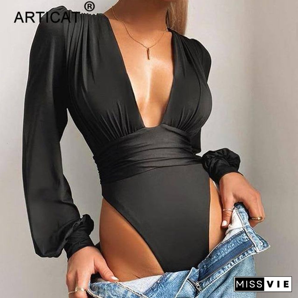 Articat Black Deep V Neck Bodysuit Women Sexy Puff Sleeve Bodycon Jumpsuit Solid Elastic Casual Party Winter Bodysuits Body Tops