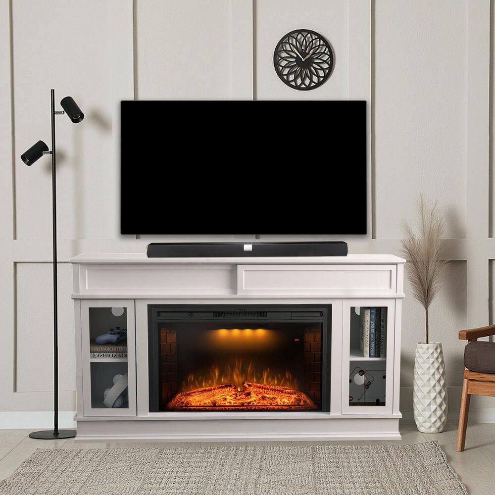 Prismaster ...keeps your home stylish 60 in. TV Stand for 65 in. TVs with Electric Fireplace Built-In Bookshelves Spring Pressed Glass Door White M09BL33WTPR04