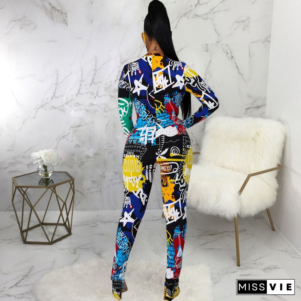 Women Autumn Clothing Digital Print Long Sleeve Front Zipper Bodycon Fitness One Piece Jumpsuit