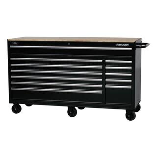 Husky 66 in. W x 24 in. D Standard Duty 12-Drawer Mobile Workbench Tool Chest with Solid Wood Top in Gloss Black 76812A24