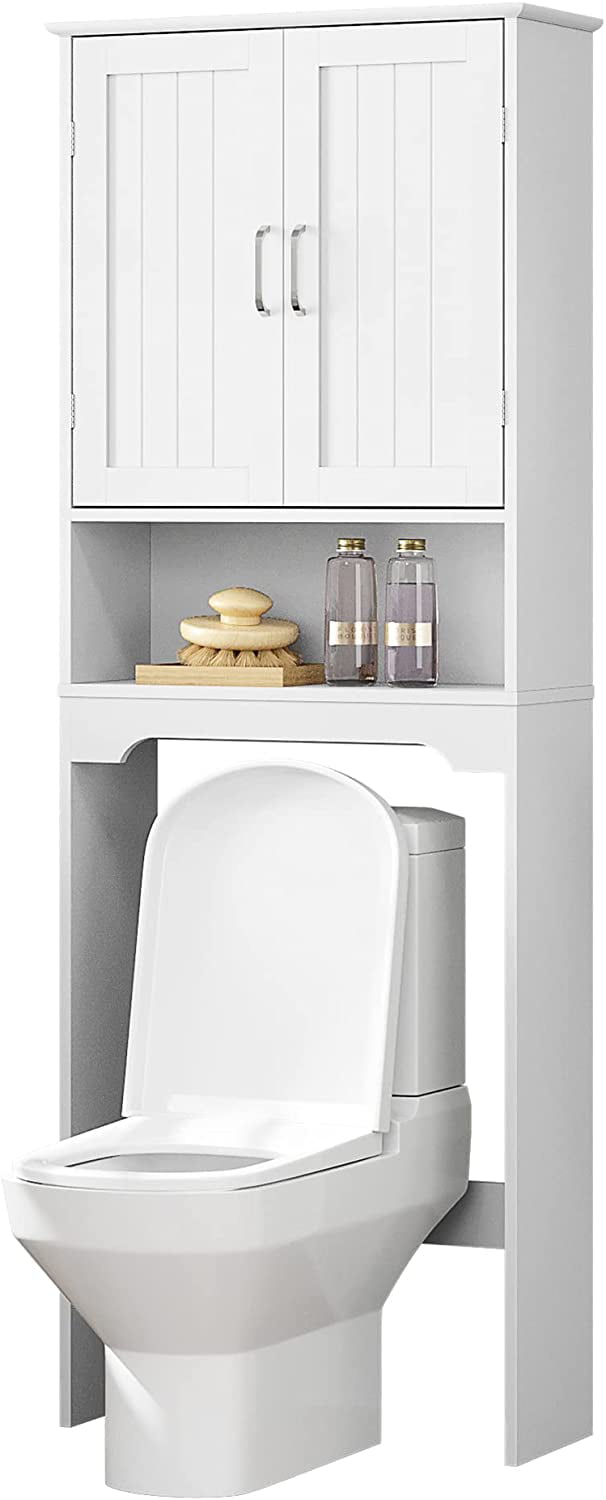 HOMEFORT Wood Over Toilet Storage Cabinet, Freestanding Bathroom Spacesaver, Toilet Bathroom Shelf Organizer with Double Wood Doors and Adjustable Shelf, White