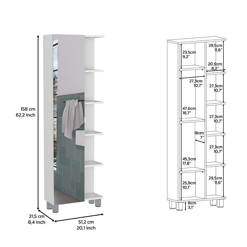 DEPOT E-SHOP Venus Mirror Linen Single Door Cabinet， Five External Shelves， Interior Shelves，White