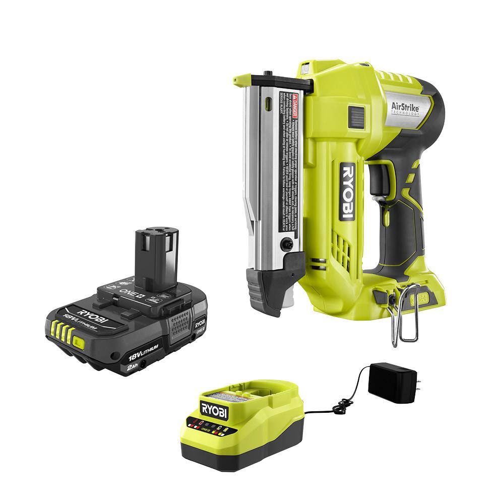 RYOBI ONE+ 18V Cordless AirStrike 23-Gauge 1-38 in. Headless Pin Nailer and 2.0 Ah Compact Battery Starter Kit P318-PSK005