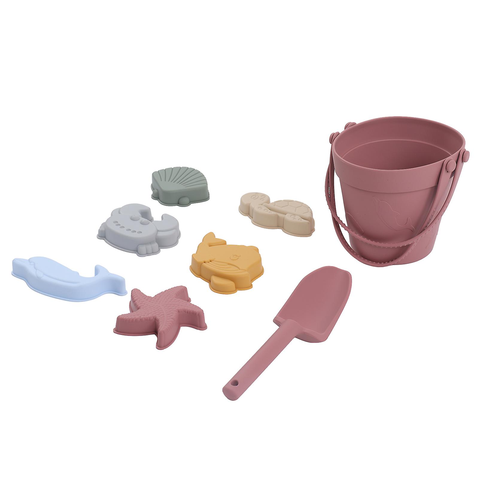 Silicone Beach Toys Baby Sand Play Toys Set Includes Silicone Bucket Animal Model Sand Shovel Stringbrick Red