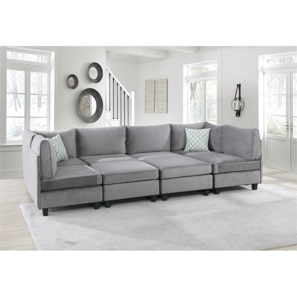 Bowery Hill Contemporary 8 Piece Velvet Modular Sectional Sofa in Gray   Transitional   Sectional Sofas   by Homesquare  Houzz