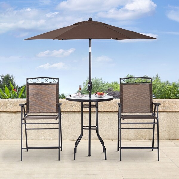 4 Piece Outdoor Patio Dining Furniture Set，2 Folding Chairs，Adjustable Angle Umbrella，Wave Textured Tempered Glass Dinner Table