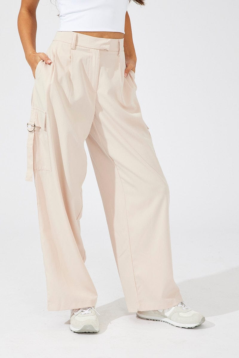 Beige Wide Leg Pants Low Rise