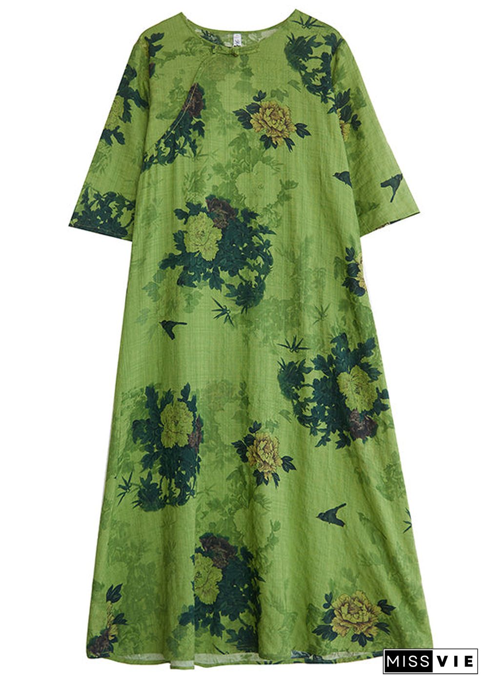 Women Green Print Chinese Button Linen A Line Dress Summer