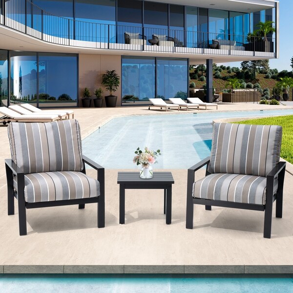 Outdoor 3piece Cushioned Aluminum Patio Furniture Conversation Set，Sunbrella Cushions，Aluminum Side Table