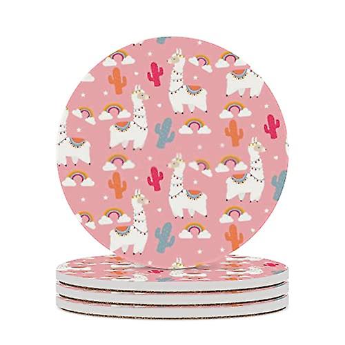 Round Drink Coasters 6 Pcs Llama And Cactus Rainbow On Pink Absorbent Ceramic Coaster With Cork Base For Coffee Cups Housewarming Gift For Home Decor