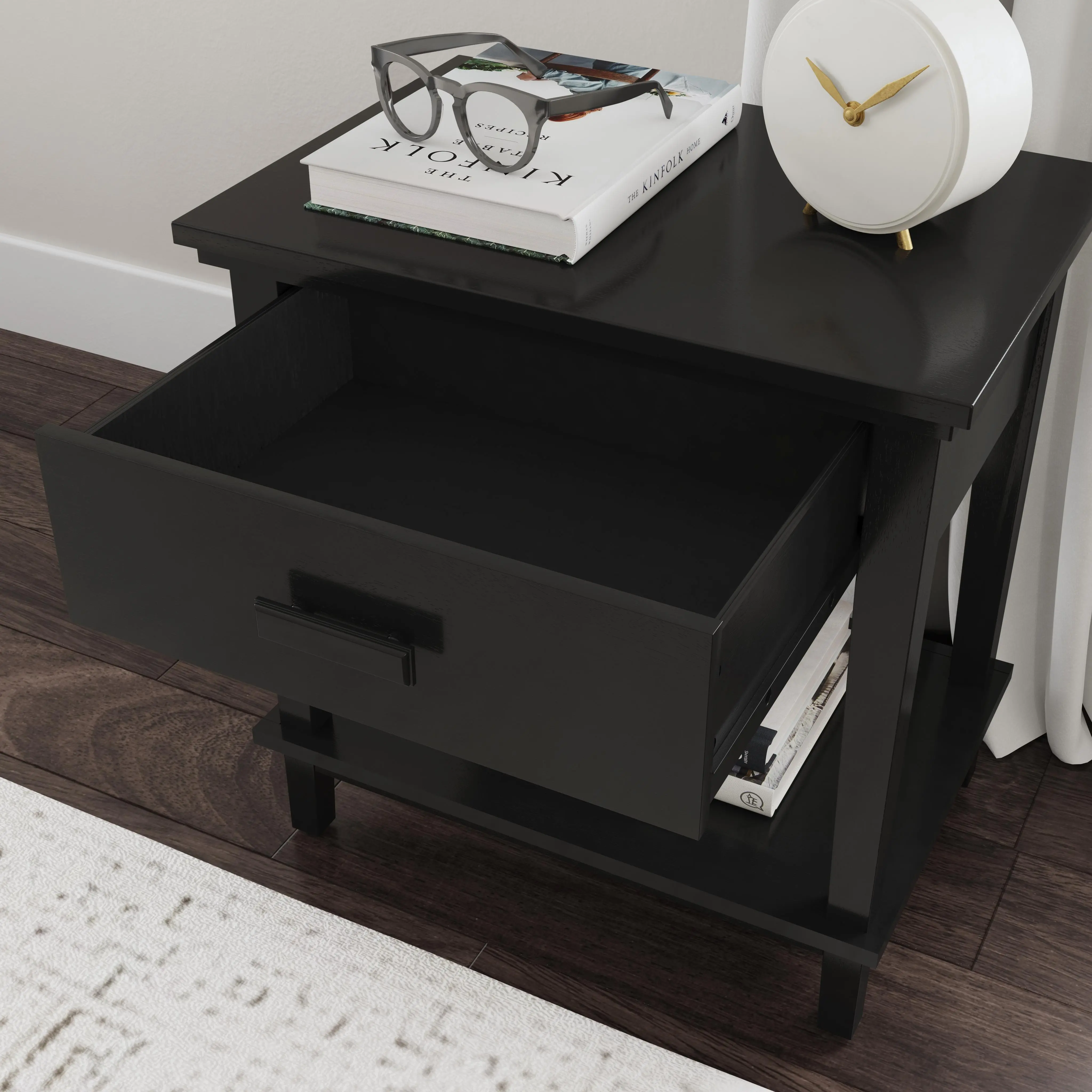 Oak Park Black Nightstand with Open Storage