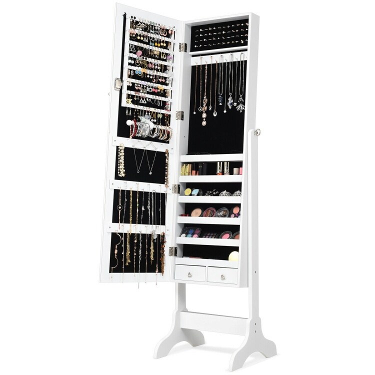 Lockable Mirrored Jewelry Cabinet Armoire Storage Organizer Box-White - White - 18'' x 14.5'' x 61.5'' (L x W x H) - - 37796226