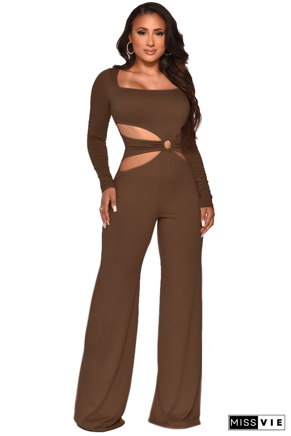 Hollow Out Square Neck High Waist Wide Leg Jumpsuit