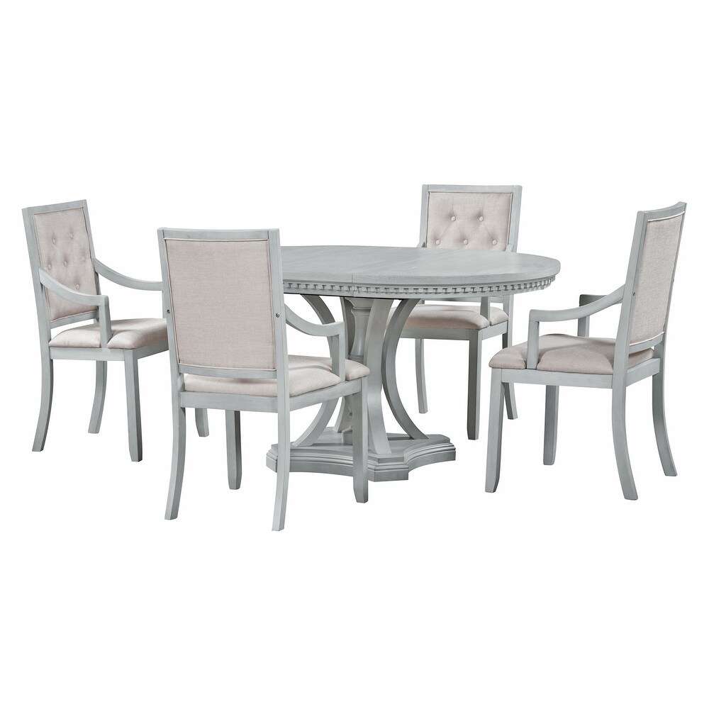 5 Piece Wood Extendable Round Dining Table Sets w/Arm Chairs  Grey