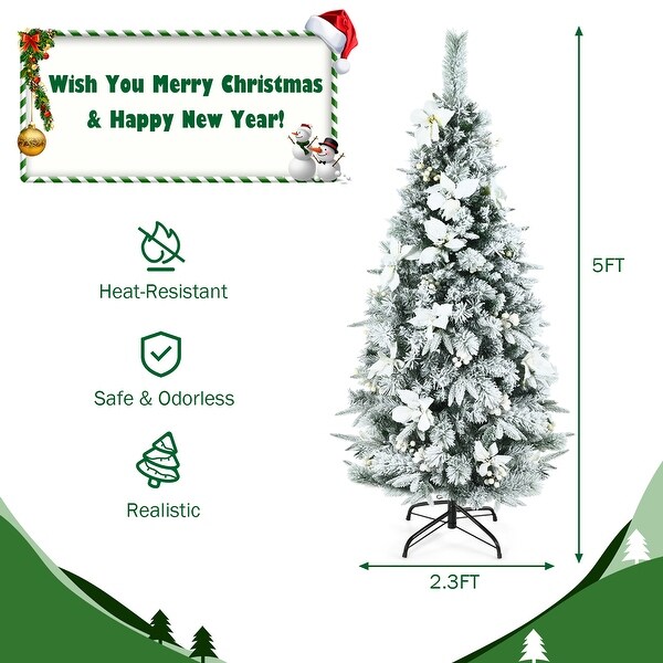 Costway 5ft Snow Flocked Christmas Pencil Tree w/ Berries and Poinsettia