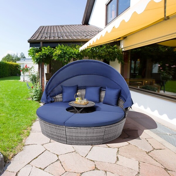 Gymax Outdoor Round Daybed w/ Retractable Canopy and Side Table Backyard