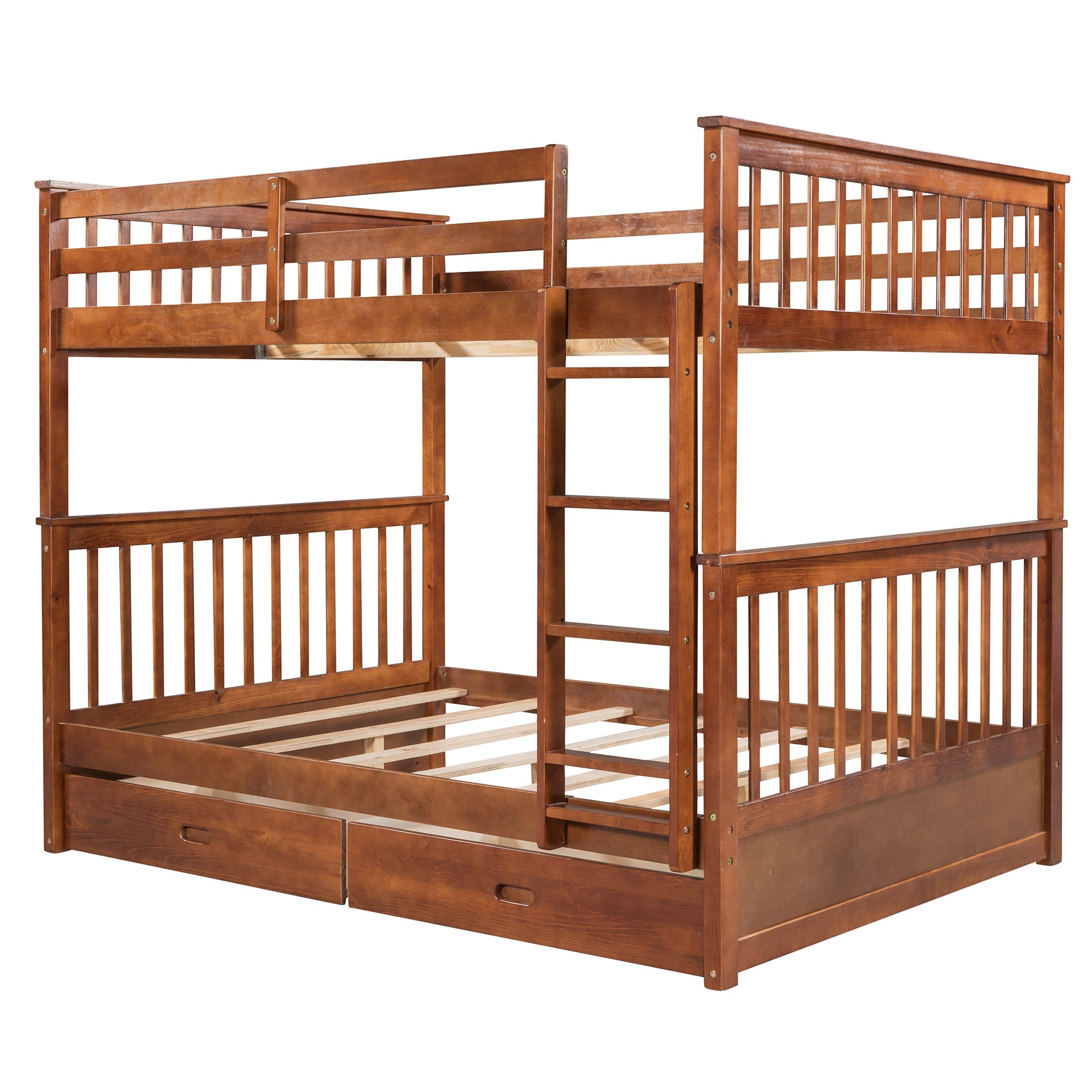 Wood Full Over Full Bunk Bed with Two Storage Drawers and Ladders for Kids Adults,Walnut