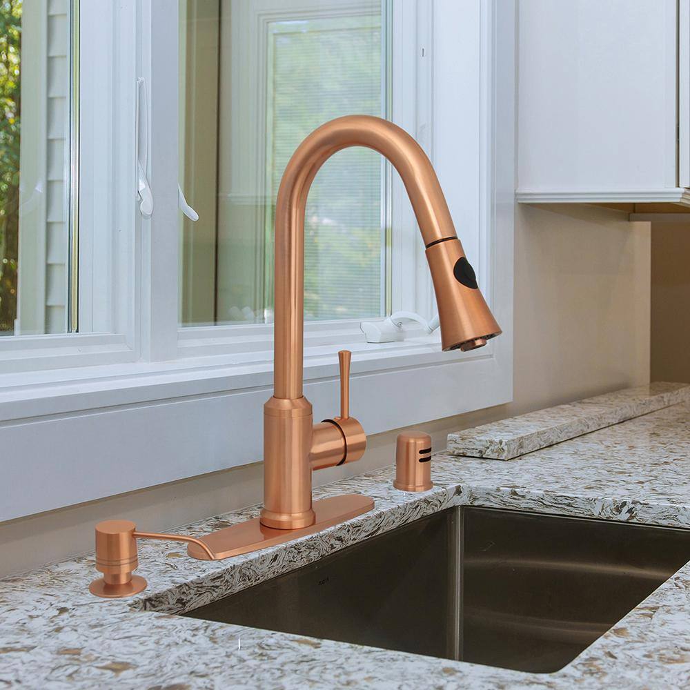 Akicon Single-Handle Pull Down Sprayer Kitchen Faucet with Deckplate in Brushed Copper AK96466-C