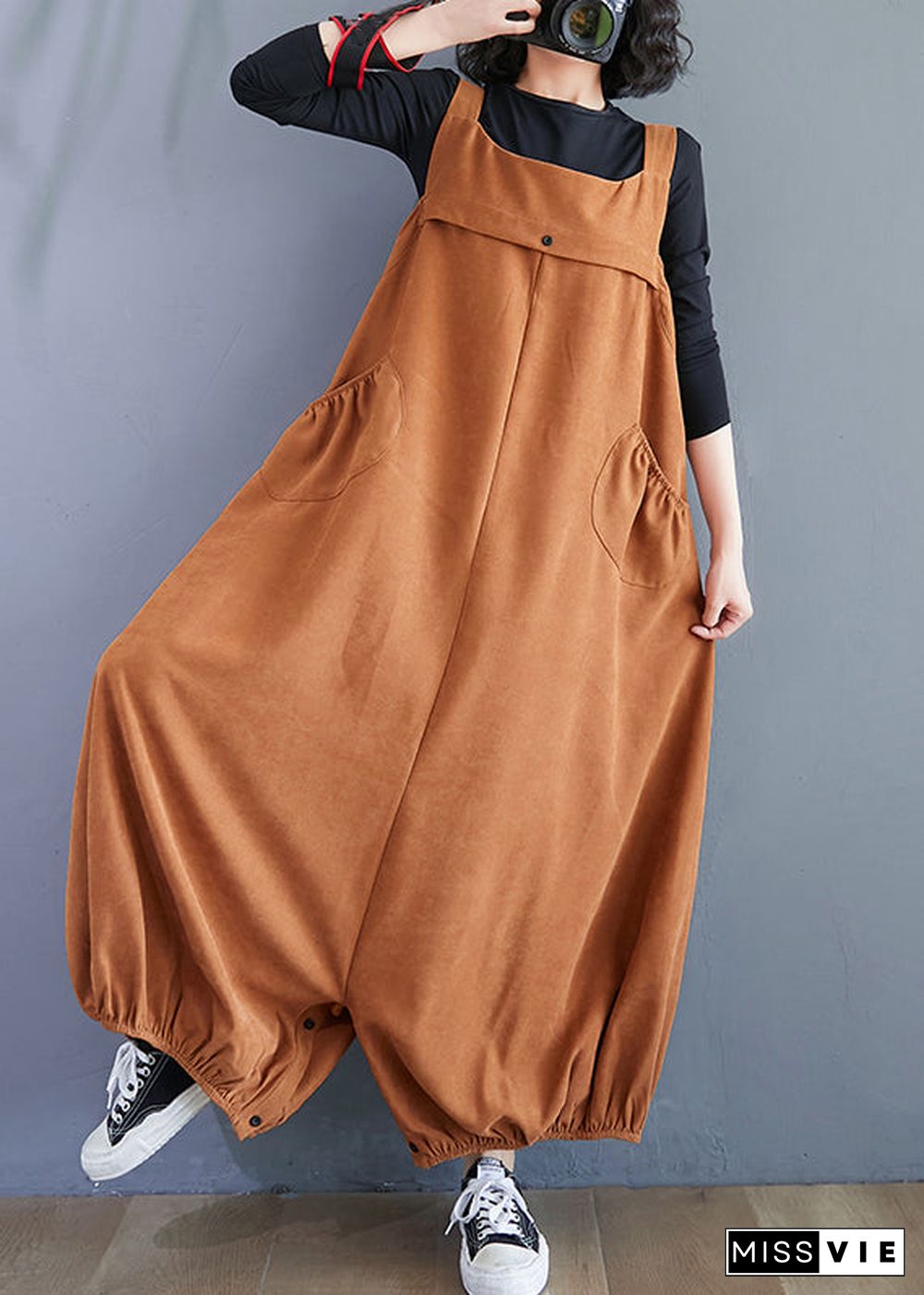 Unique Caramel Pockets High Waist Patchwork Corduroy Jumpsuit Fall