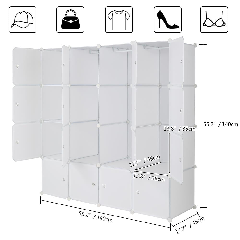 Zimtown 16-Cube DIY Modular Shelving Storage Organizer,14"x 18" Portable Wardrobe with 3 Clothes Rods & Door