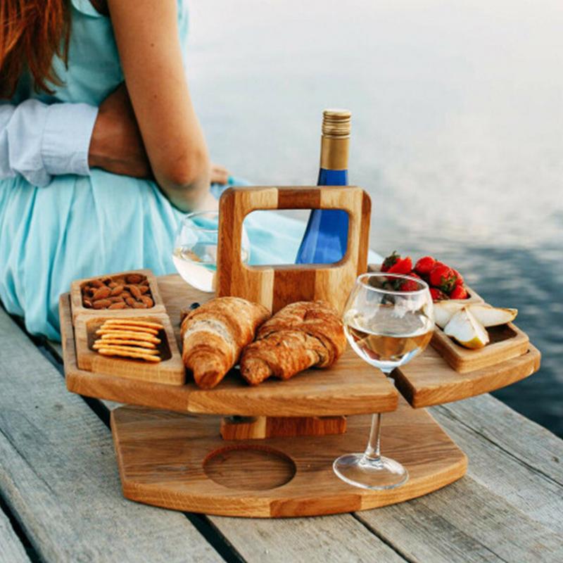 UMMH Folding Picnic Table Outdoor Wine Picnic Table Outdoor Beach Bar Table Snack And Cheese Tray With 2 Wine Glasses Holder