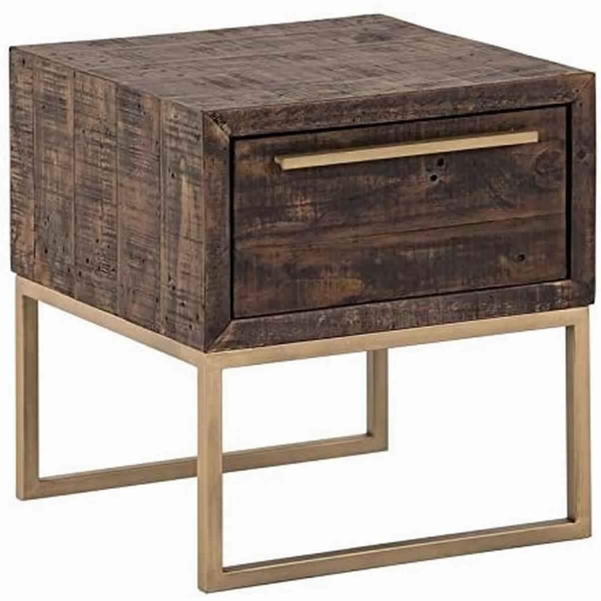 Wooden Lamp Table with 1 Storage Drawer and Metal Base， Brown and Gold - 20 H x 18 W x 18 L Inches