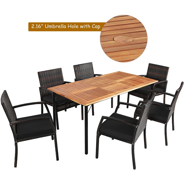 Costway 7pcs Patio Rattan Dining Chair Table Set With Cushion Umbrella Hole Black