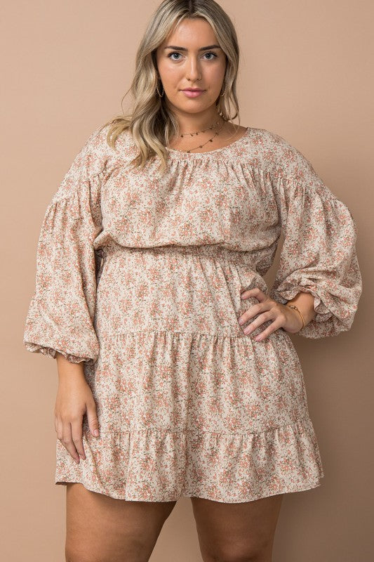 PLUS Ruffled Cuff Floral Mini Dress (Natural)