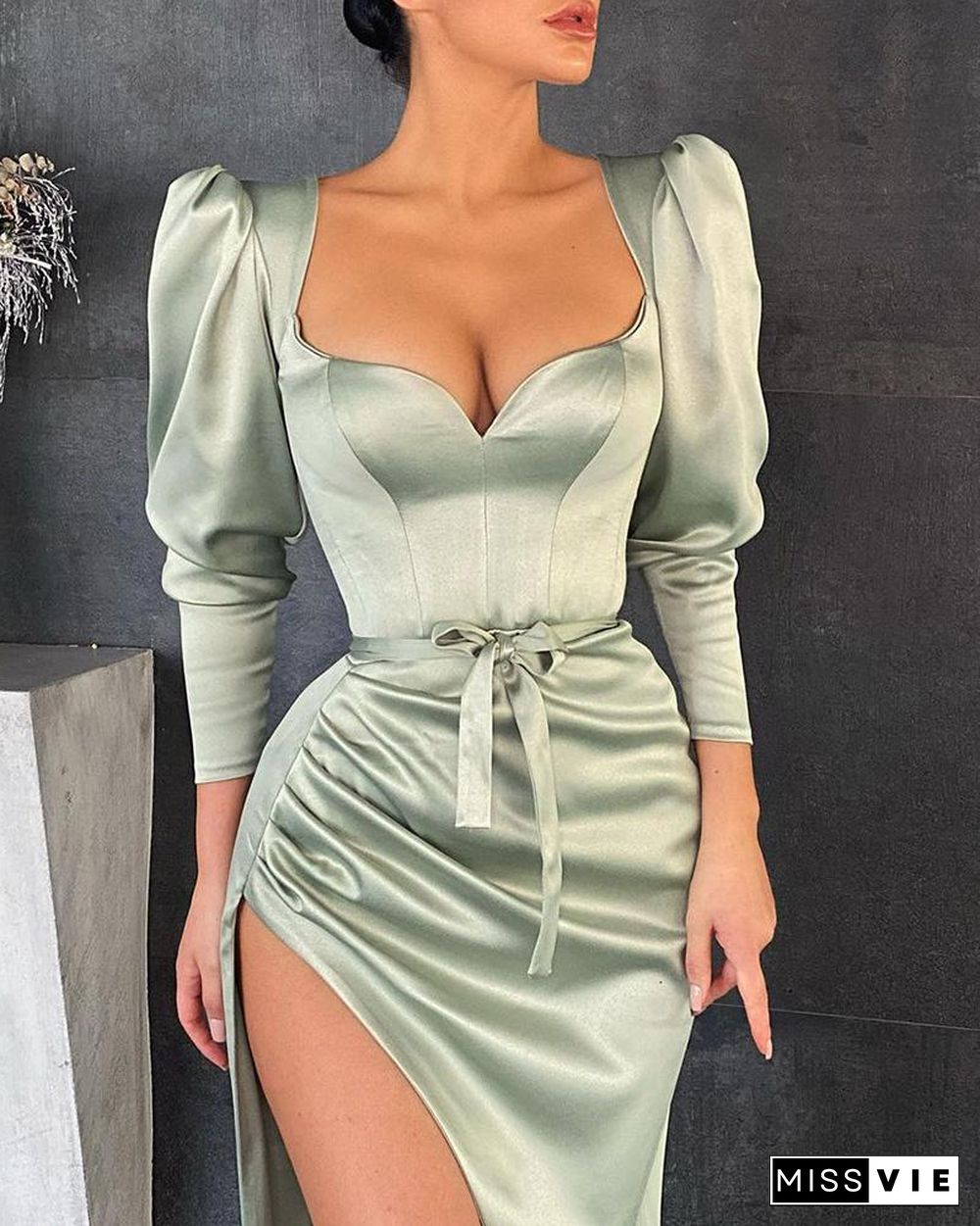 High Slit Ruched Plain Evening Dress