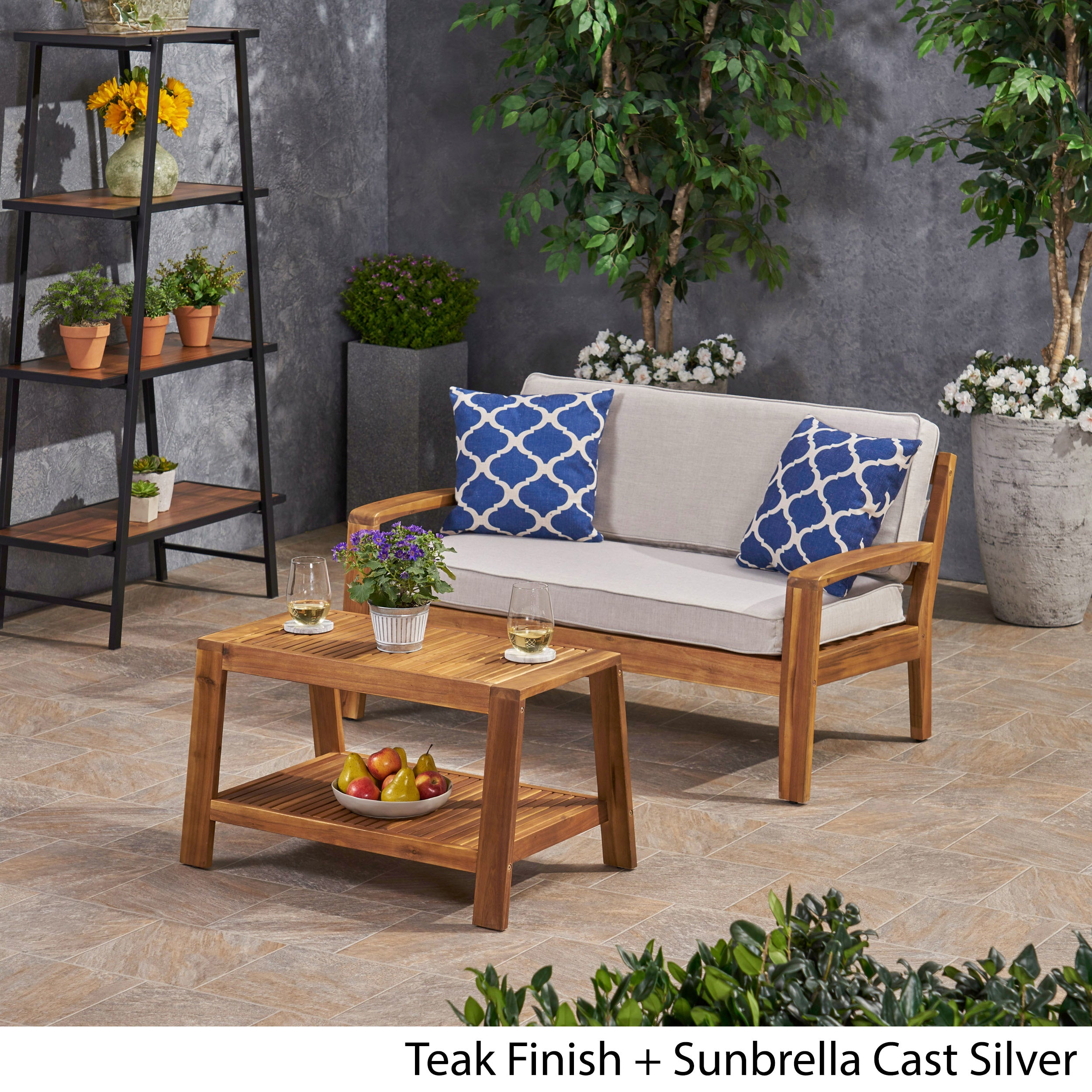 Parma Outdoor Acacia Wood Loveseat and Coffee Table Set with Sunbrella Cushions