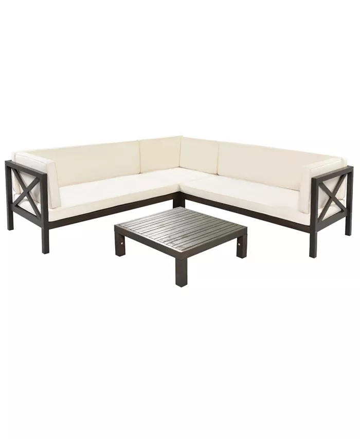 Simplie Fun Outdoor Wood Patio Backyard 4-Piece Sectional Seating Group with Cushions and Table X-Back Sofa Set for Small Places Brown Finish Beige Cushions