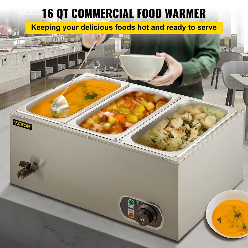 VEVOR 3-Pan Commercial Food Warmer 1200-Watt Electric Steam Table 6 in. Deep Professional Stainless Steel Buffet 16 Qt. BWTCXTC3C00000001V1