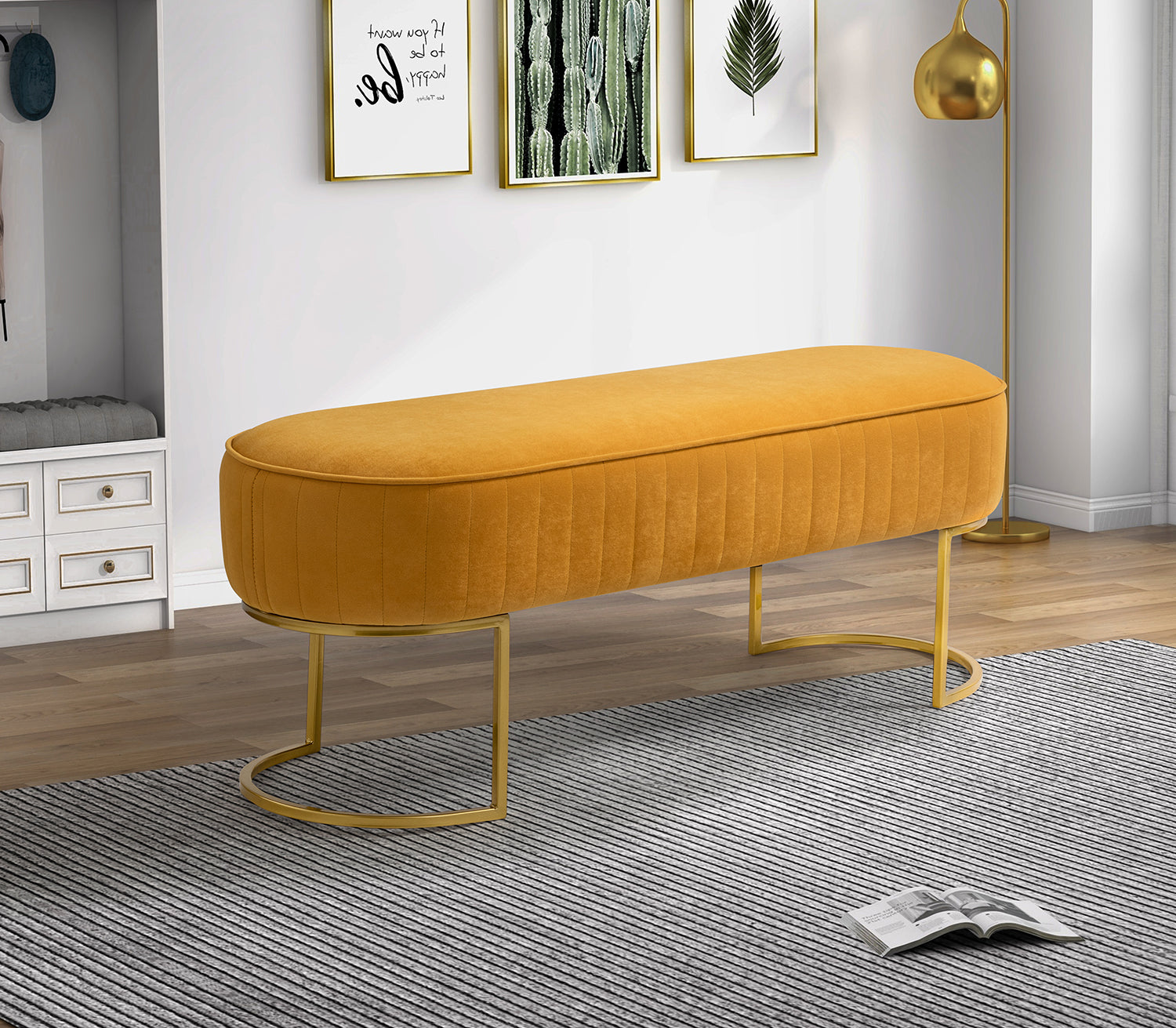 14 Karat Home Upholstered Entryway Bench, Bedroom Bench with Horseshoe-shaped Metal Base, Mustard