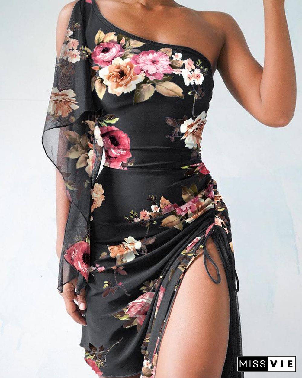 One Shoulder Asymmetrial Ethereal Pleated Slit Floral Print Dress