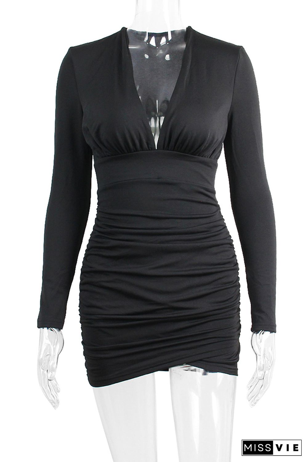 Black V Neck Ruched High Waist Bodycon Dress