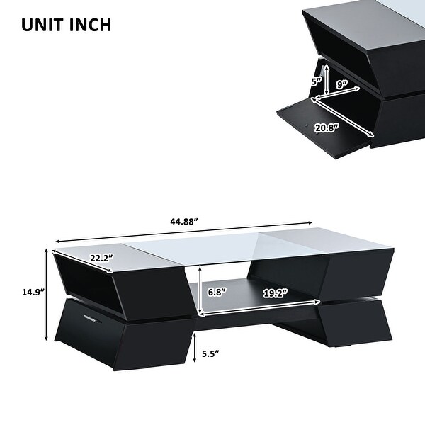 Modern 2-Tier Glass-Top Coffee Table With Open Shelves and Cabinets