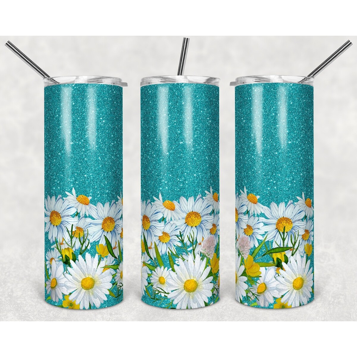 20 Oz Skinny Metal Tumbler Teal Glitter Daisies w/Lid and Straw - Multi