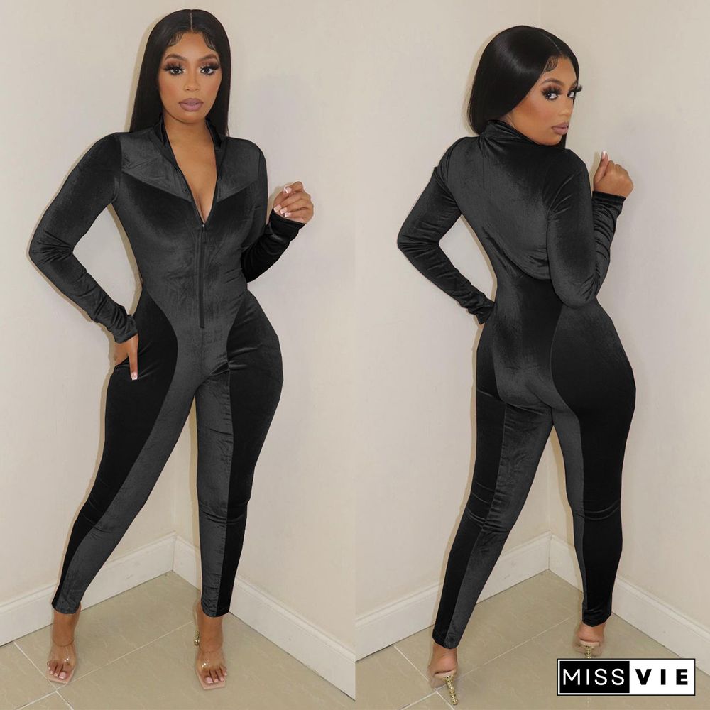 Velvet Patchwork Front Zipper Bodycon Jumpsuit