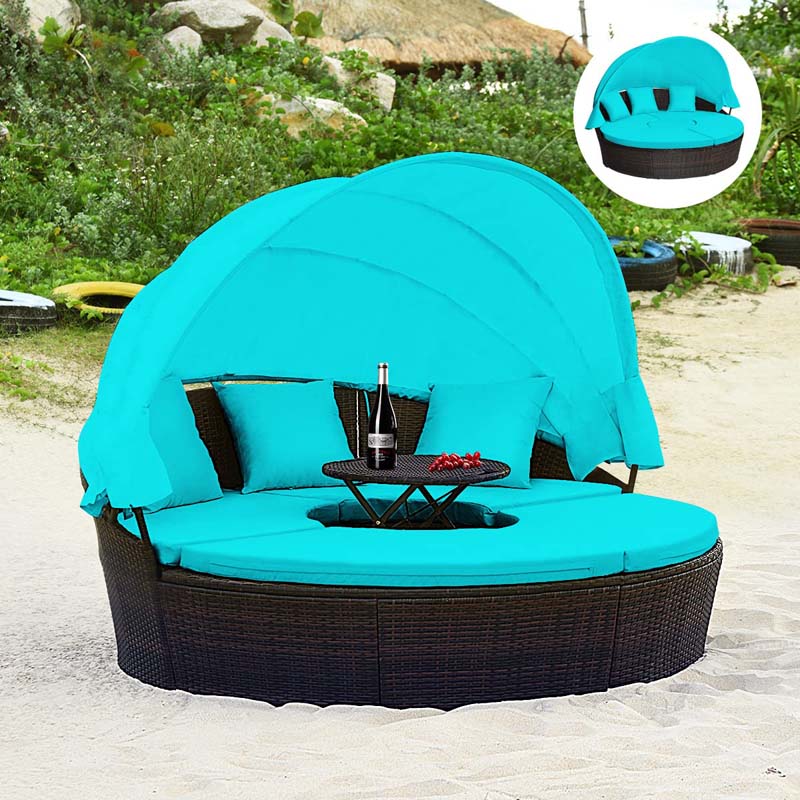 Rattan Wicker Patio Round Daybed with Retractable Canopy & Coffee Table, Outdoor Sectional Furniture Sofa Set