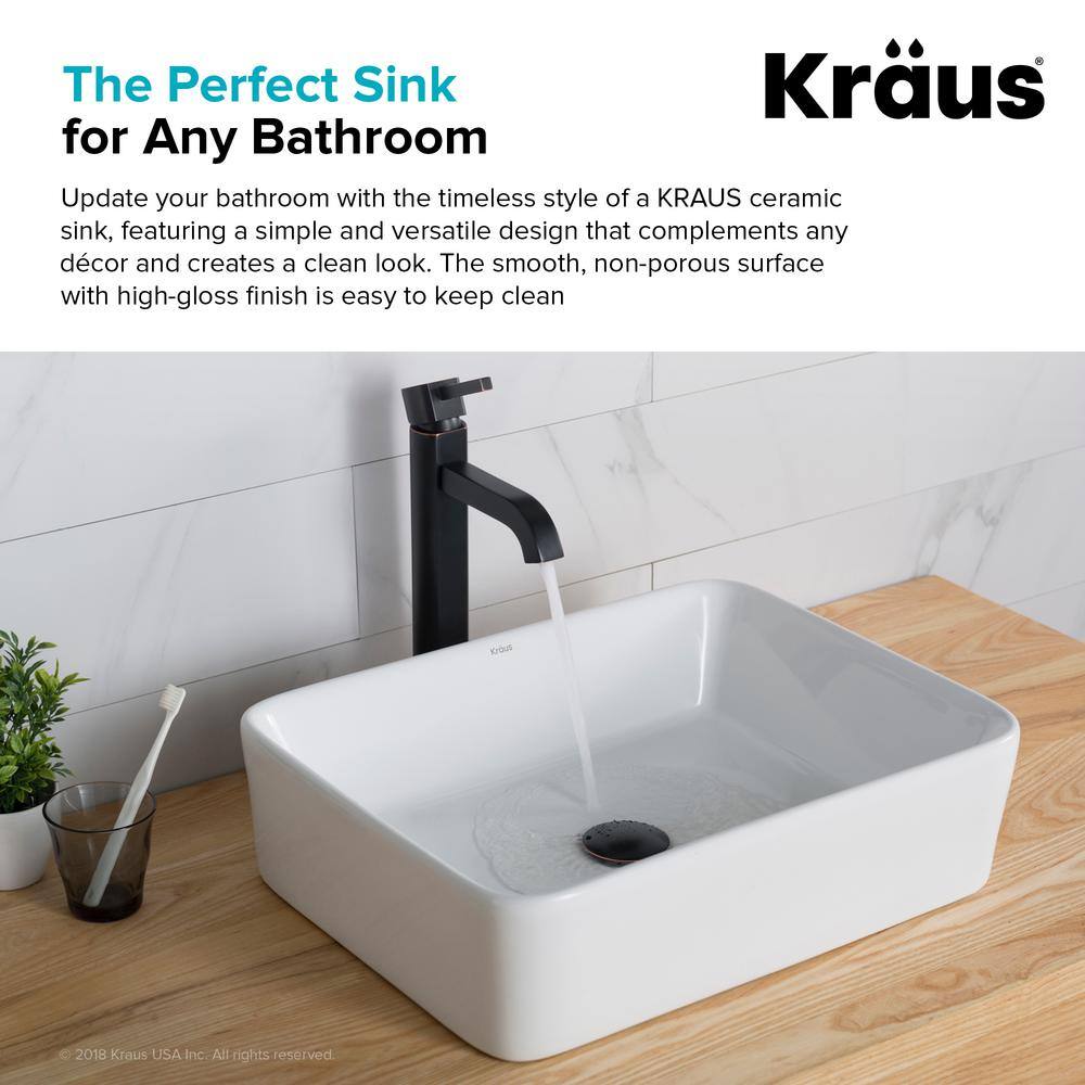 KRAUS Elavo Vessel White Ceramic Bath Sink and Ramus Single Handle Bath Faucet with Pop-Up Drain in Matte Black C-KCV-121-1220MB