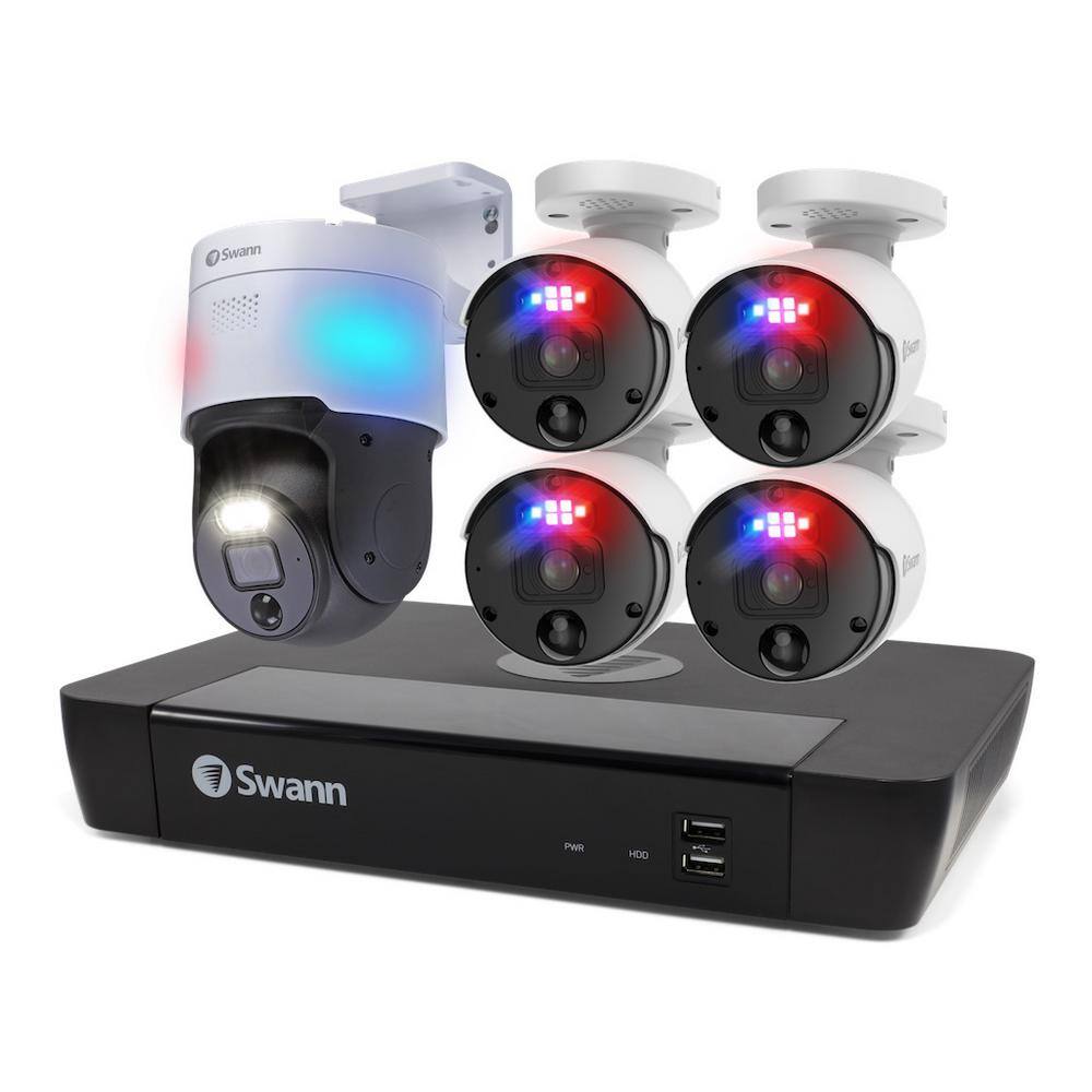 Swann 8-Channel 4K 2TB NVR Security Camera System with 4 Wired Bullet Cameras and 1 Wired PT Camera and FREE Analytics SONVK-8898041PT