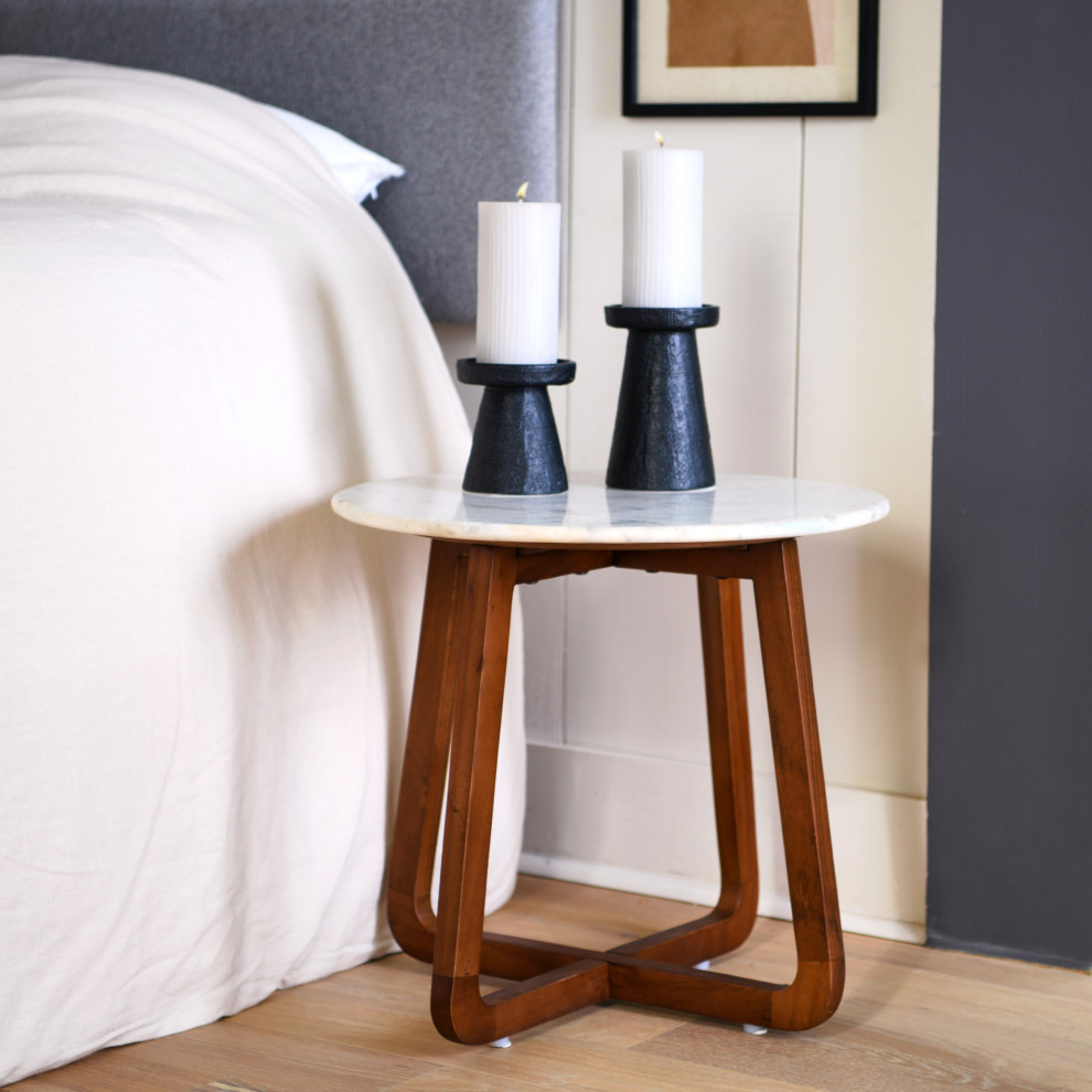 Modern Round Marble and Wood End Table  Walnut Finish   Transitional   Side Tables And End Tables   by Creative Co op  Houzz