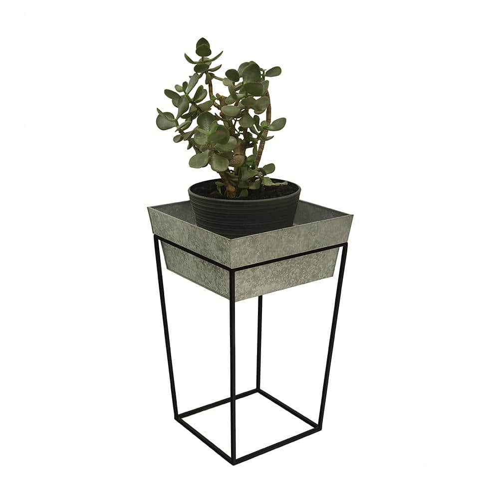 ACHLA DESIGNS 25 in. Tall Black Powder Coat Metal Large IndoorOutdoor Arne Plant Stand with Deep Galvanized Tray FB-46G7