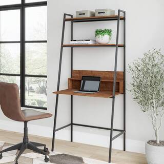 Vifah District 71 in. Walnut Wood 2 Shelf Ladder Bookcase with Desk V827