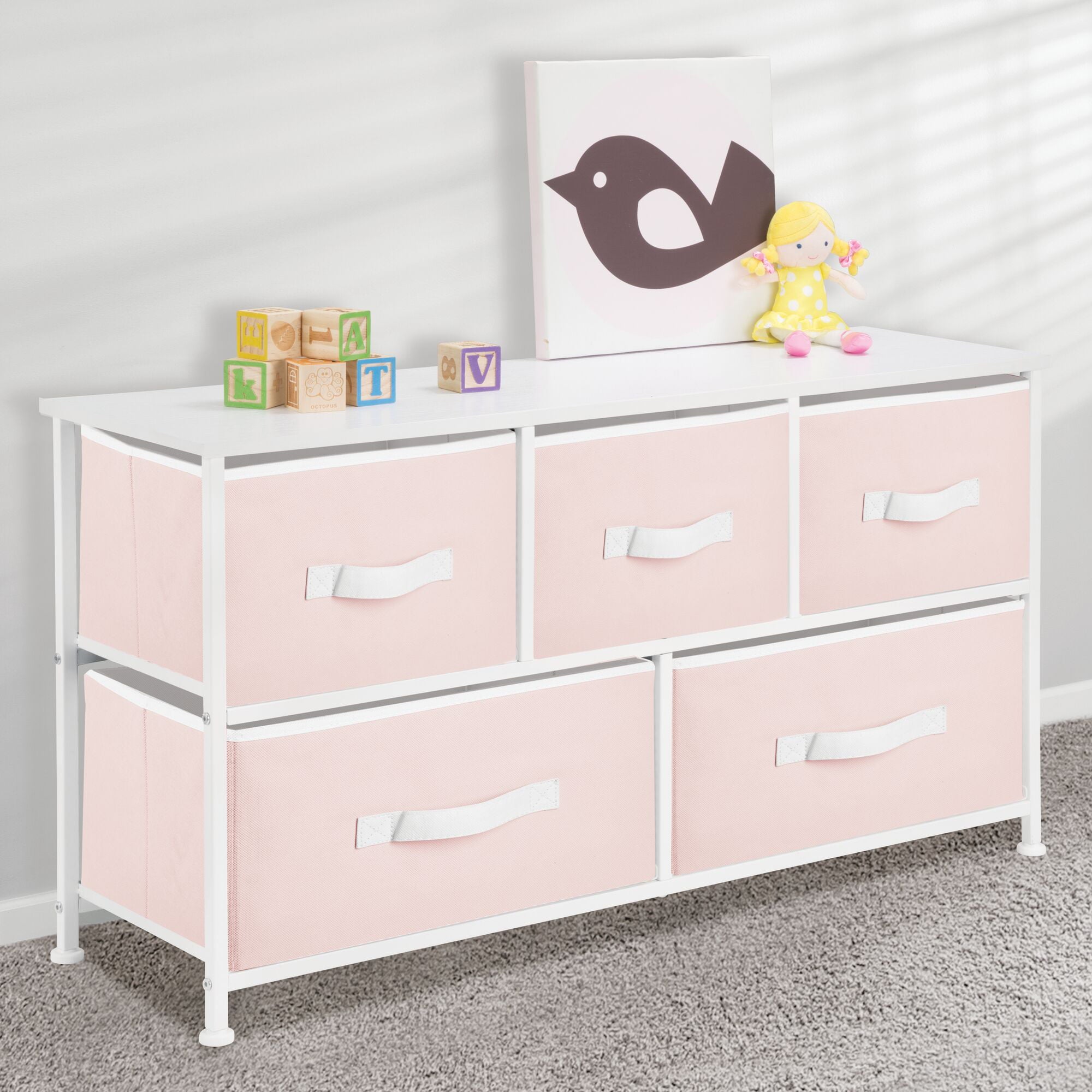 mDesign Wide Steel Frame/Wood Top Storage Dresser Furniture with 5 Fabric Drawers, Large Bureau Organizer for Baby, Kid, and Teen Bedroom, Nursery, Playroom, Dorm - Jane Collection, Pink/White