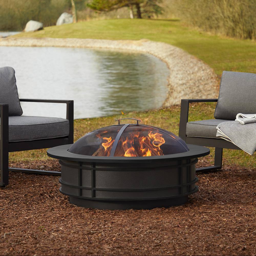 Real Flame Leonard 41 in. W x 13 in. H Round Outdoor Powder Coated Steel Wood Burning Fire Pit in Gray with Protective Cover 980-GRY