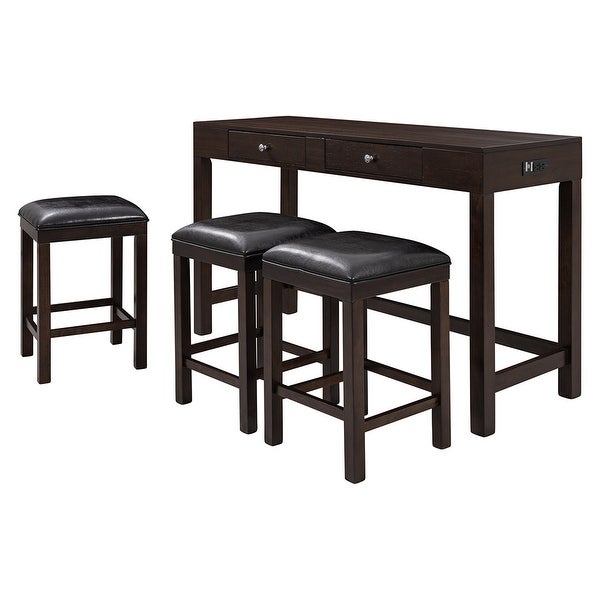 4-Piece Counter Height Table Set with Socket and Leather Padded Stools