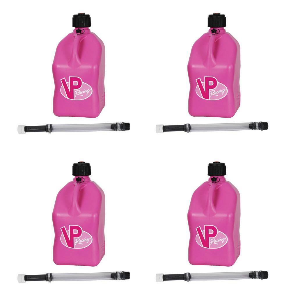 VP Racing Fuels 5 Gal. Square Plastic Utility Jug Pink with 14 in. Hose (4-Pack) 4 x 3812 + 4 x 3044B